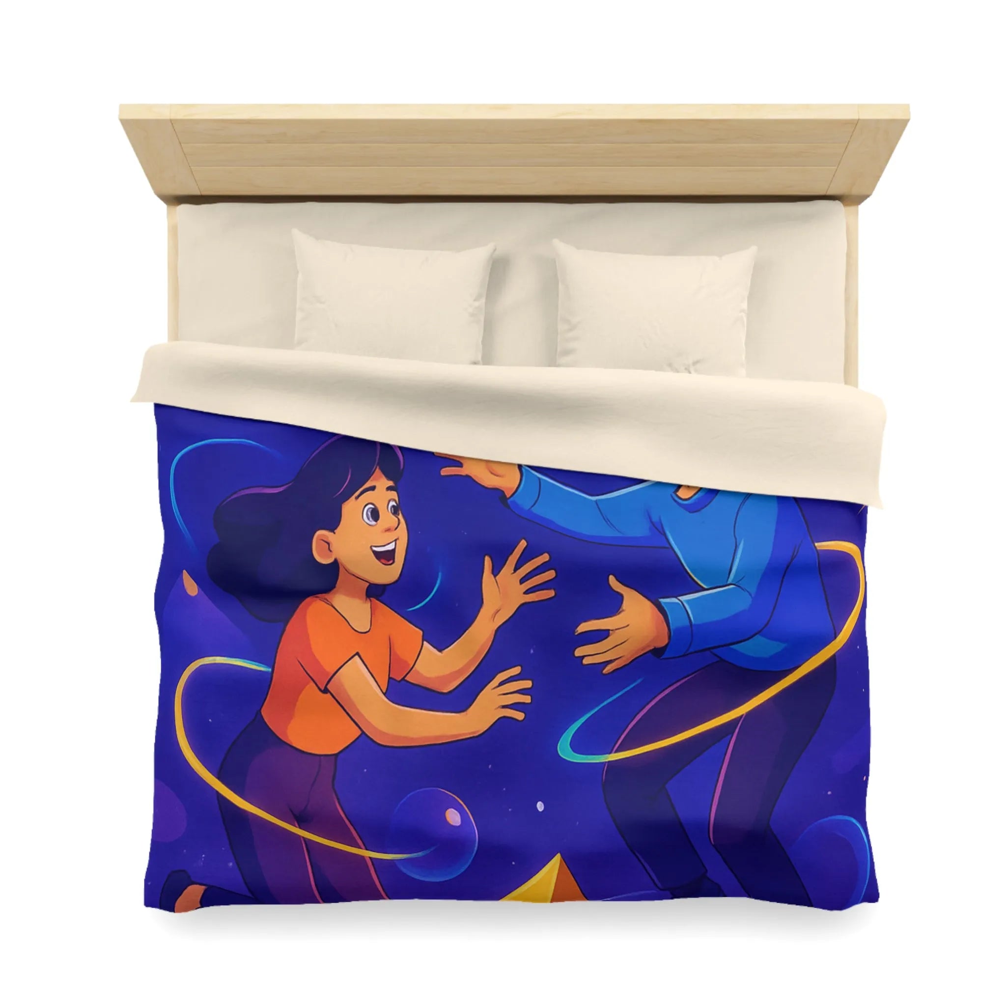 Housse de Couette Design Géométrique Magnifique avec Personnages Colorés et Éléments Spatiaux Vibrants