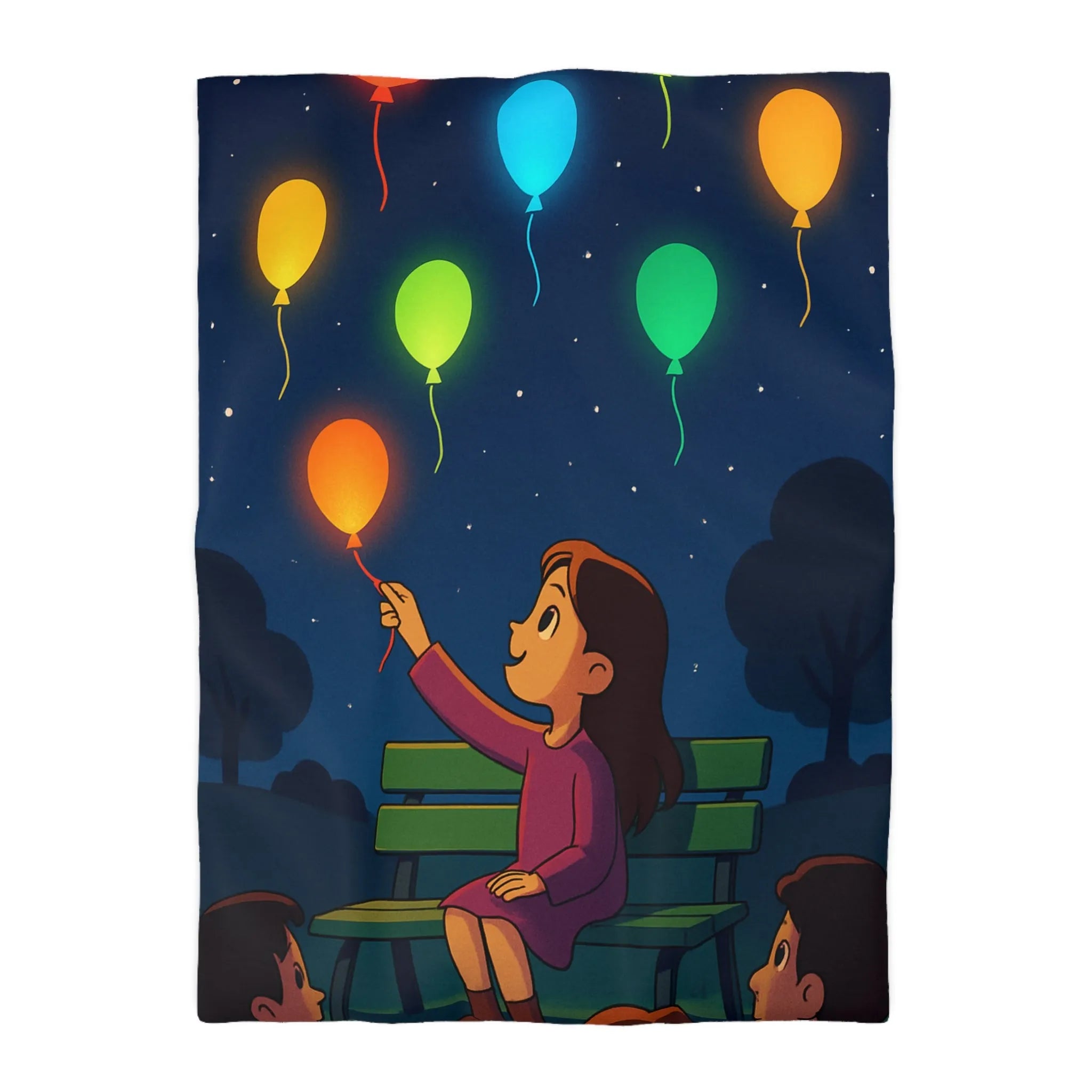 Housse de couette colorée avec ballons lumineux flottant dans un ciel étoilé magique