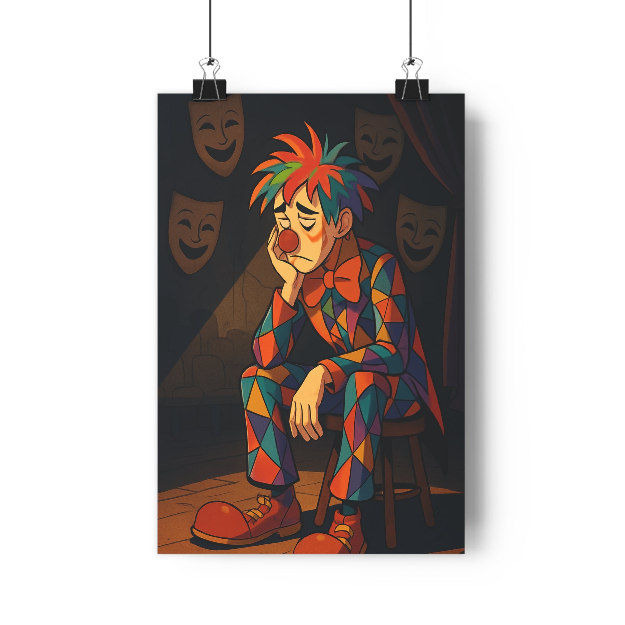 Poster décoratif clown surréaliste cartoon coloré multicolore salon chambre joyeux intrigant artistique amusant unique