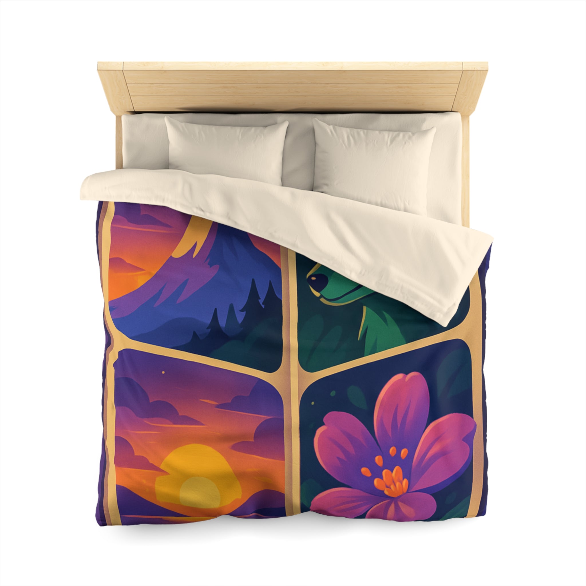 Housse de Couette Paysage Montagne Forêt Animale Florale Vibrante pour Chambre Moderne