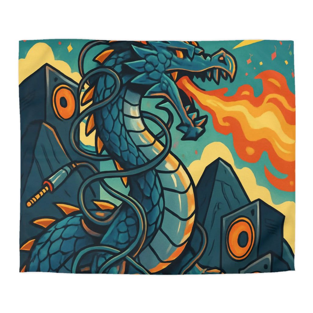 Housse de couette avec dragon fantaisie émettant flammes et musique vibrante rétro