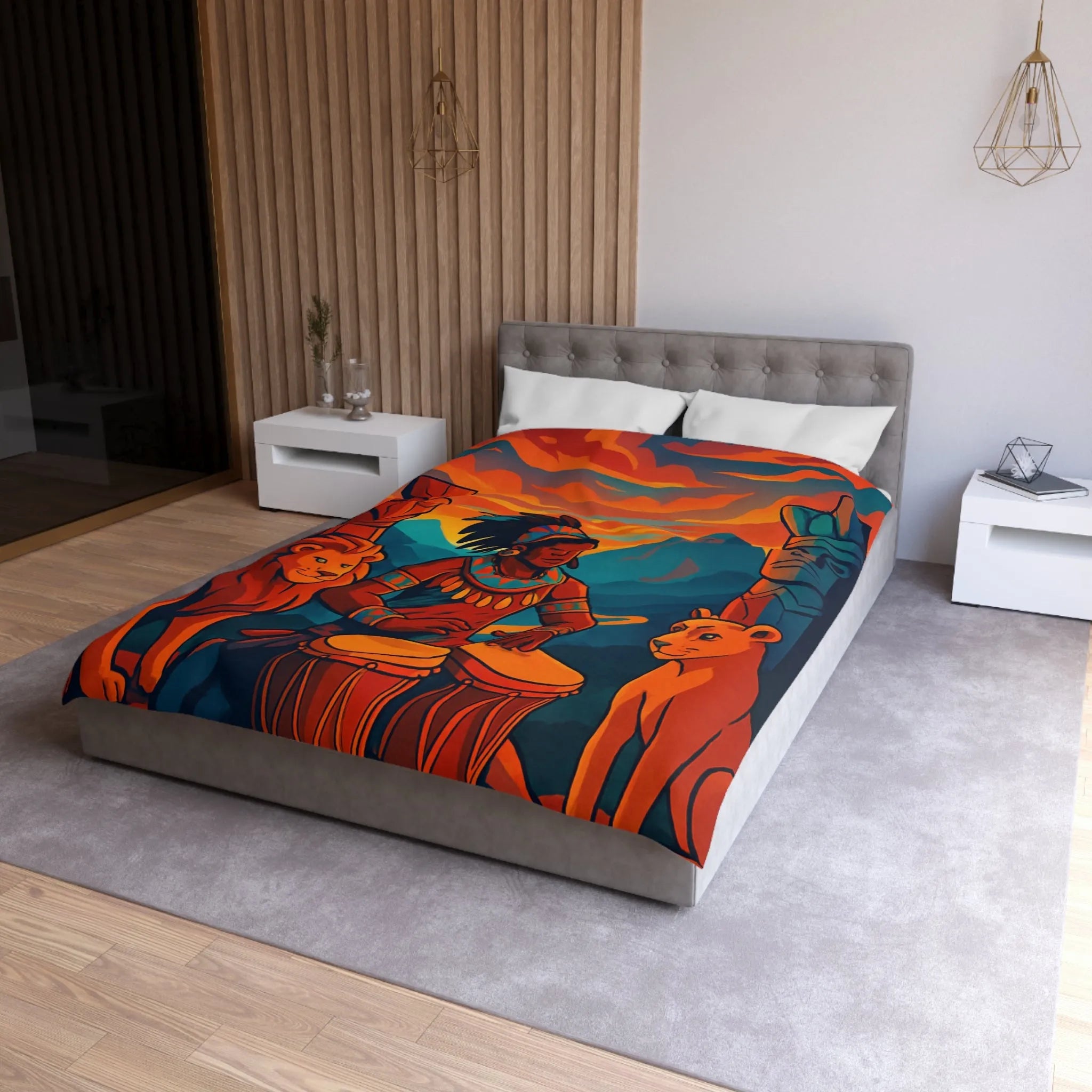Housse de couette exotique avec musicien, tambours et totems en ambiance chaleureuse