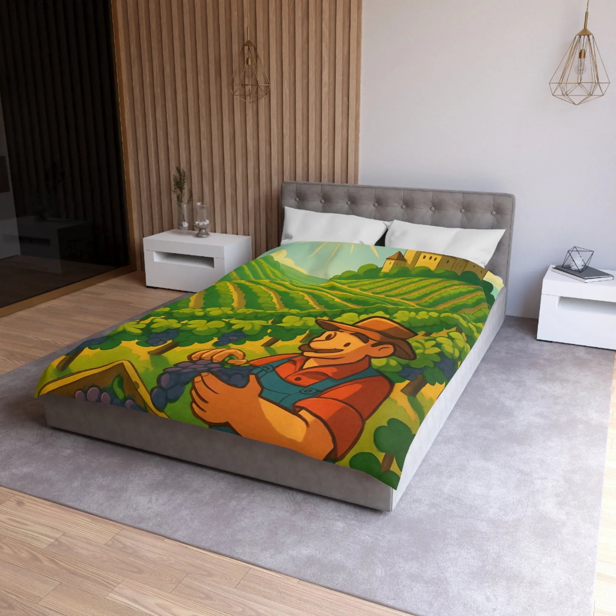 Housse de couette illustration de vendangeur dans un vignoble éclairé par soleil radieux