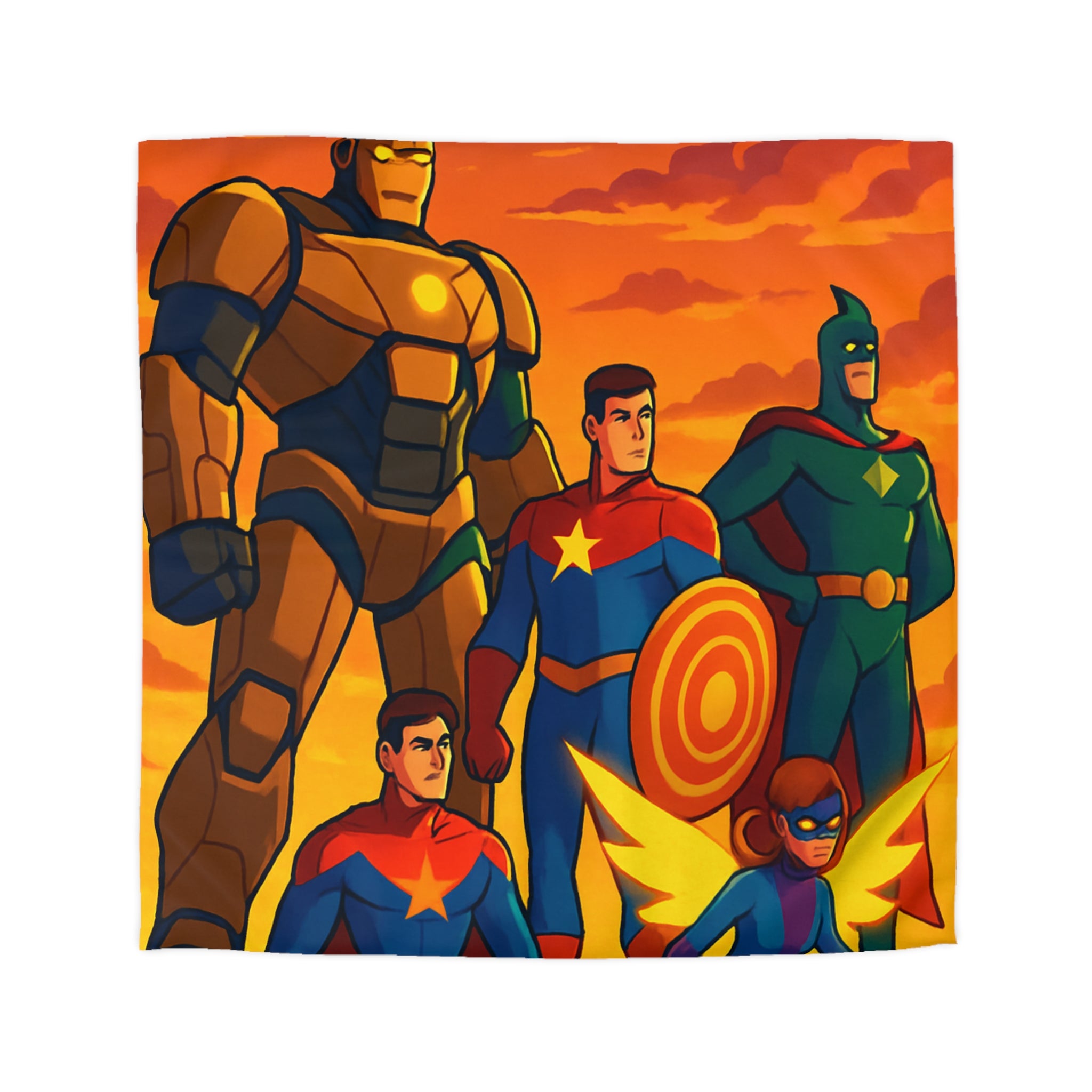 Housse de couette super-héros en costumes colorés avec coucher de soleil épique en arrière-plan