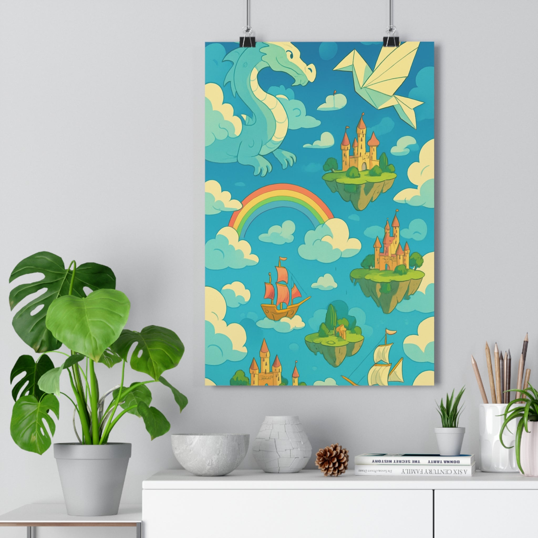 Poster décoratif dessin animé bleu rose magique enfance aventure chambre salon créatif fantastique rêve