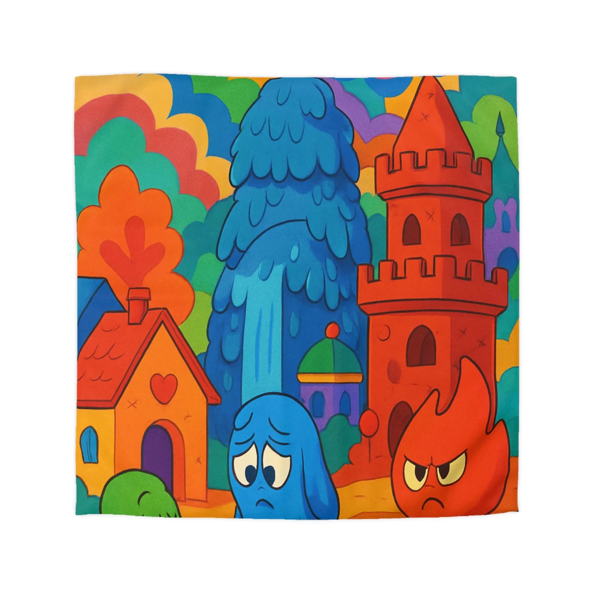 Housse de couette colorée avec personnage flamboyant et château magique pour enfants