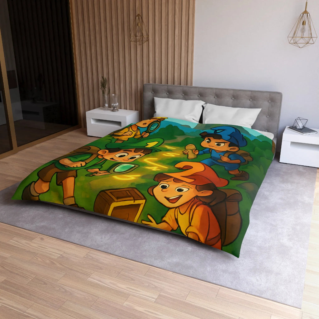 Housse de couette aventure enfants, chasse au trésor avec île et personnages joyeux