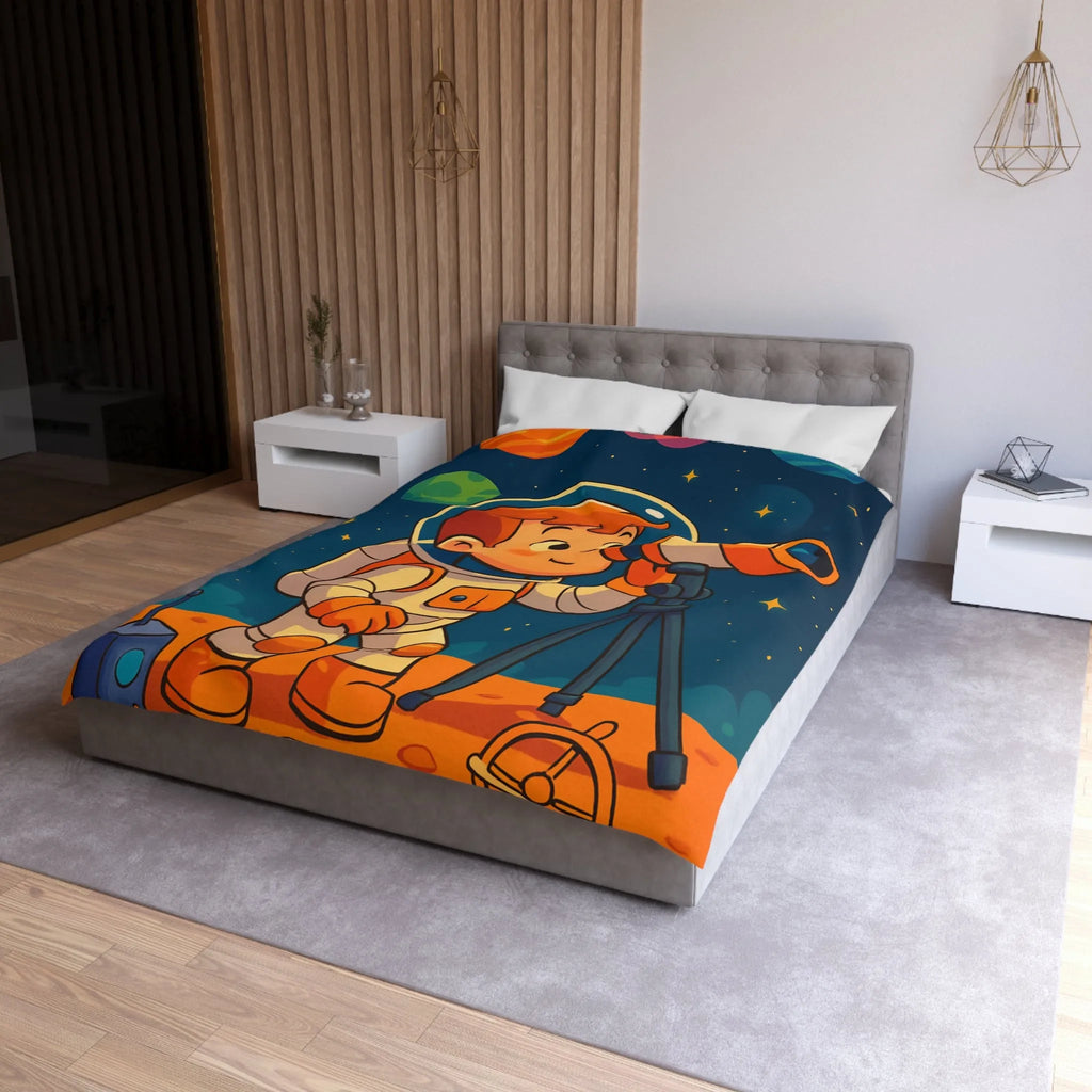 Housse couette enfant astronaute explorant planètes avec télescope carte étoilée