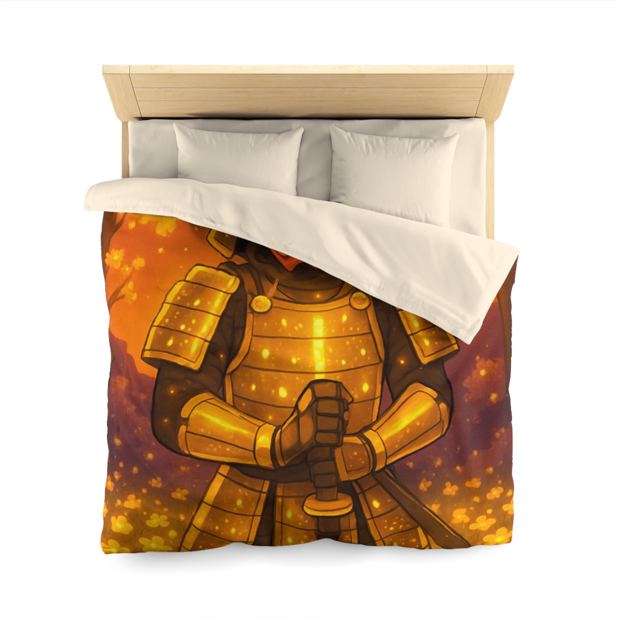 Housse de couette samouraï doré dans forêt magique, ambiance légendaire pour chambre zen