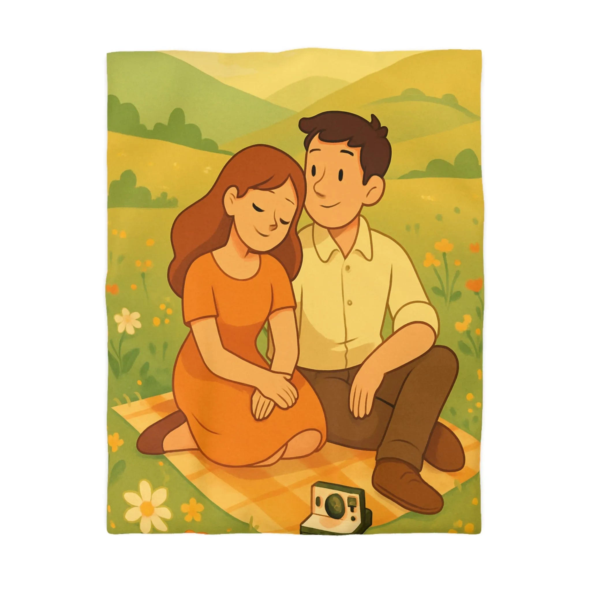 Housse de couette bucolique : couple romantique dans un champ fleuri en été