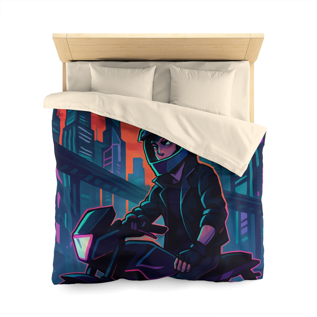Housse de couette urbaine avec motard futuriste dans une ville de néons colorés