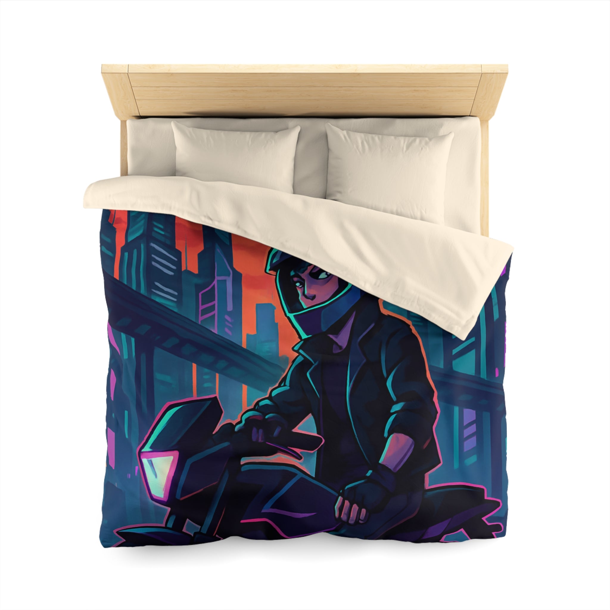 Housse de couette urbaine avec motard futuriste dans une ville de néons colorés