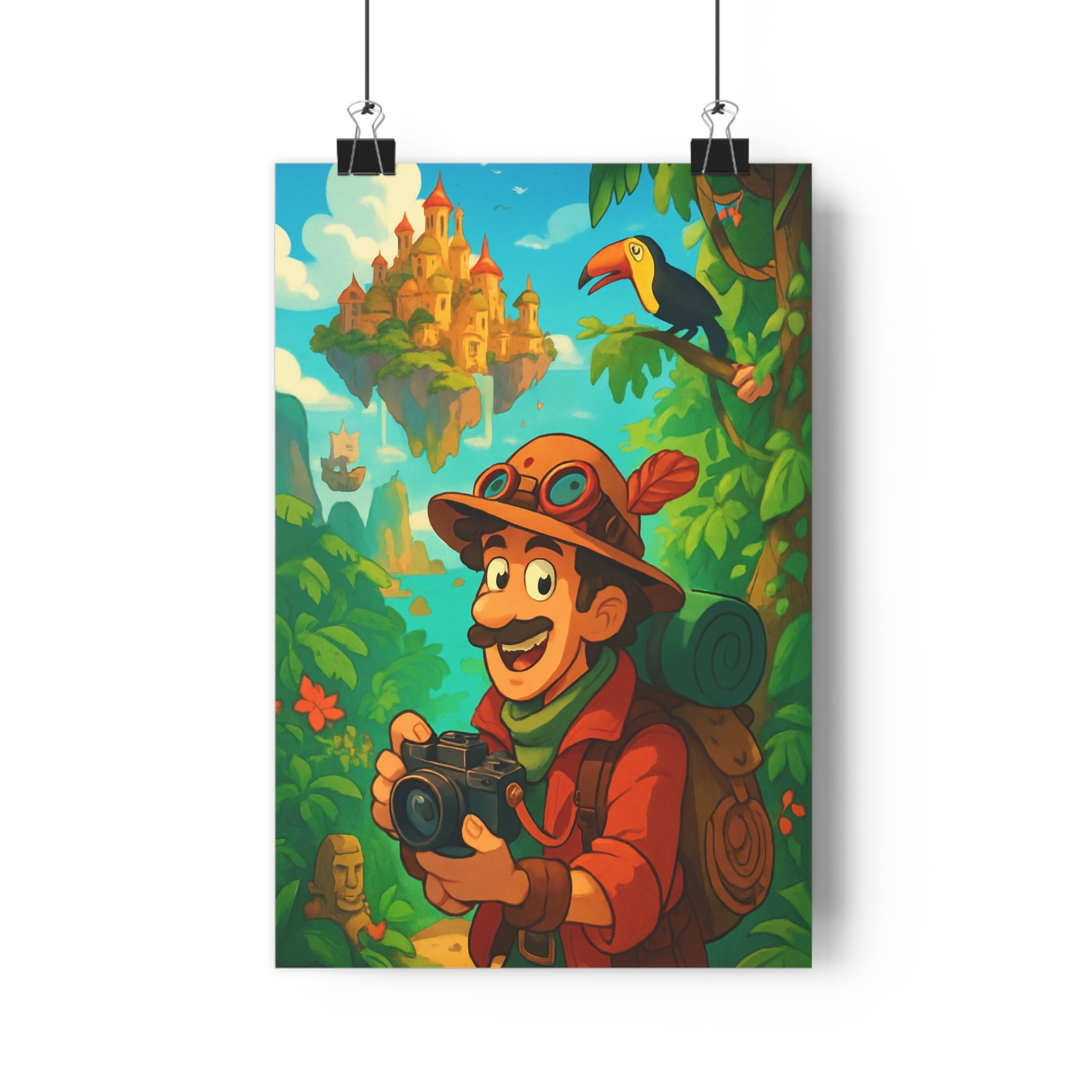 Poster décoratif aventurier jungle luxuriante cartoon vibrant vert bleu orange chambre enfant qualité premium