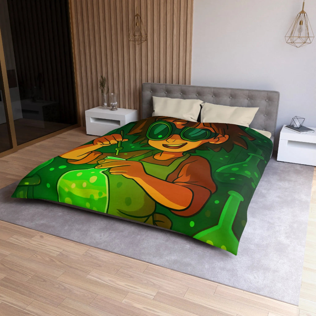 Housse de couette colorée avec un jeune chimiste dans un laboratoire mystérieux et magique