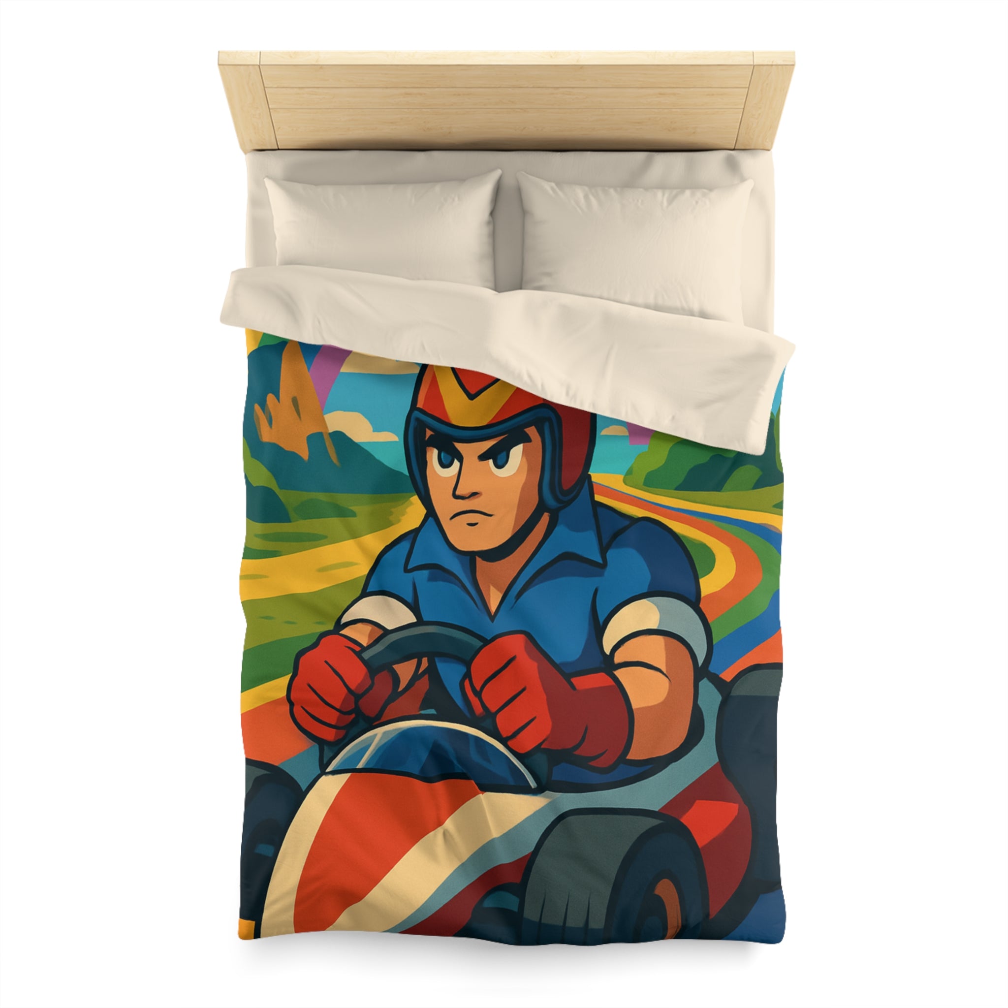 Housse de couette rétro colorée avec pilote de karting sous un arc-en-ciel vibrant