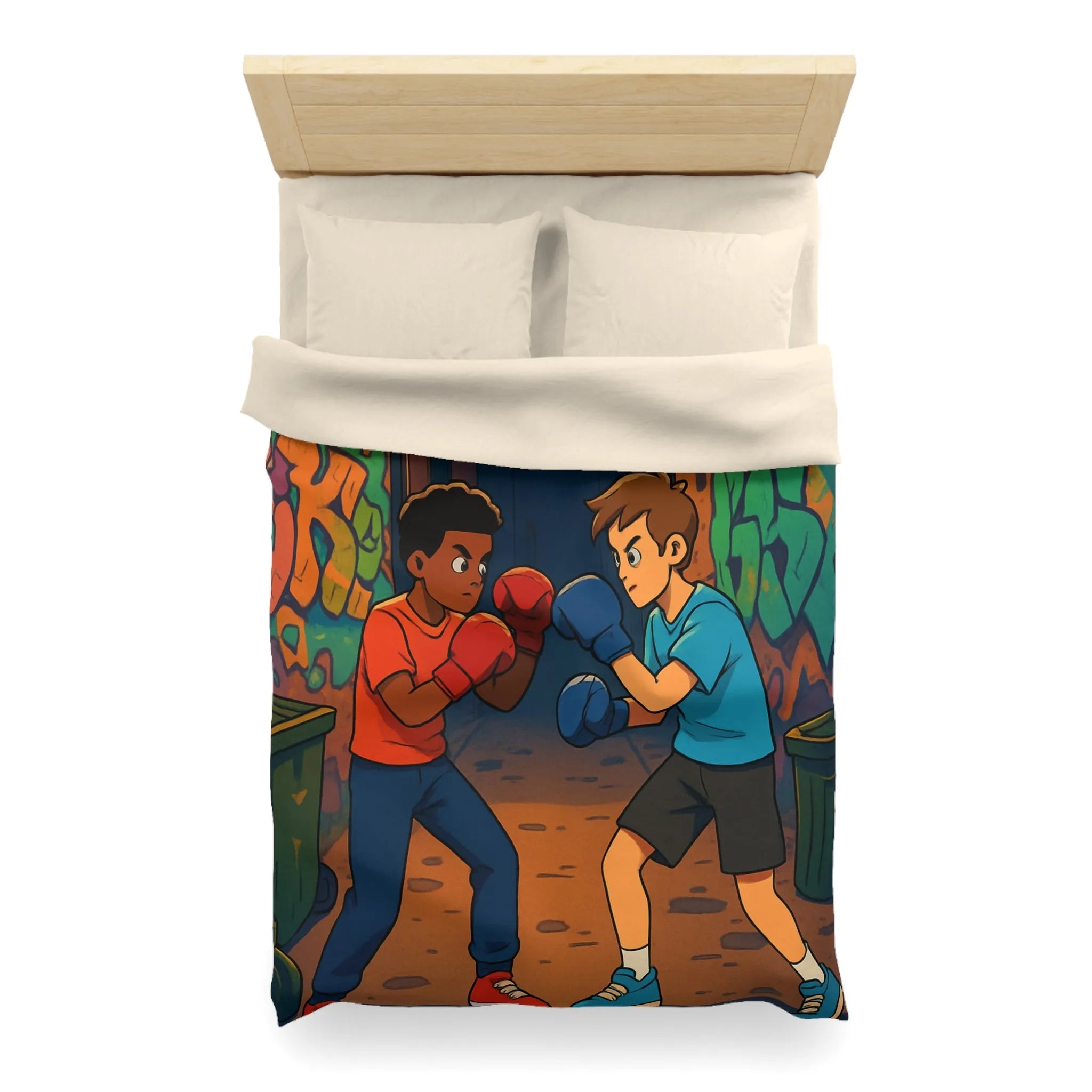 Housse De Couette Boxe Enfantine Nuit Sur Rue Graffitée Avec Lampadaires Illuminés