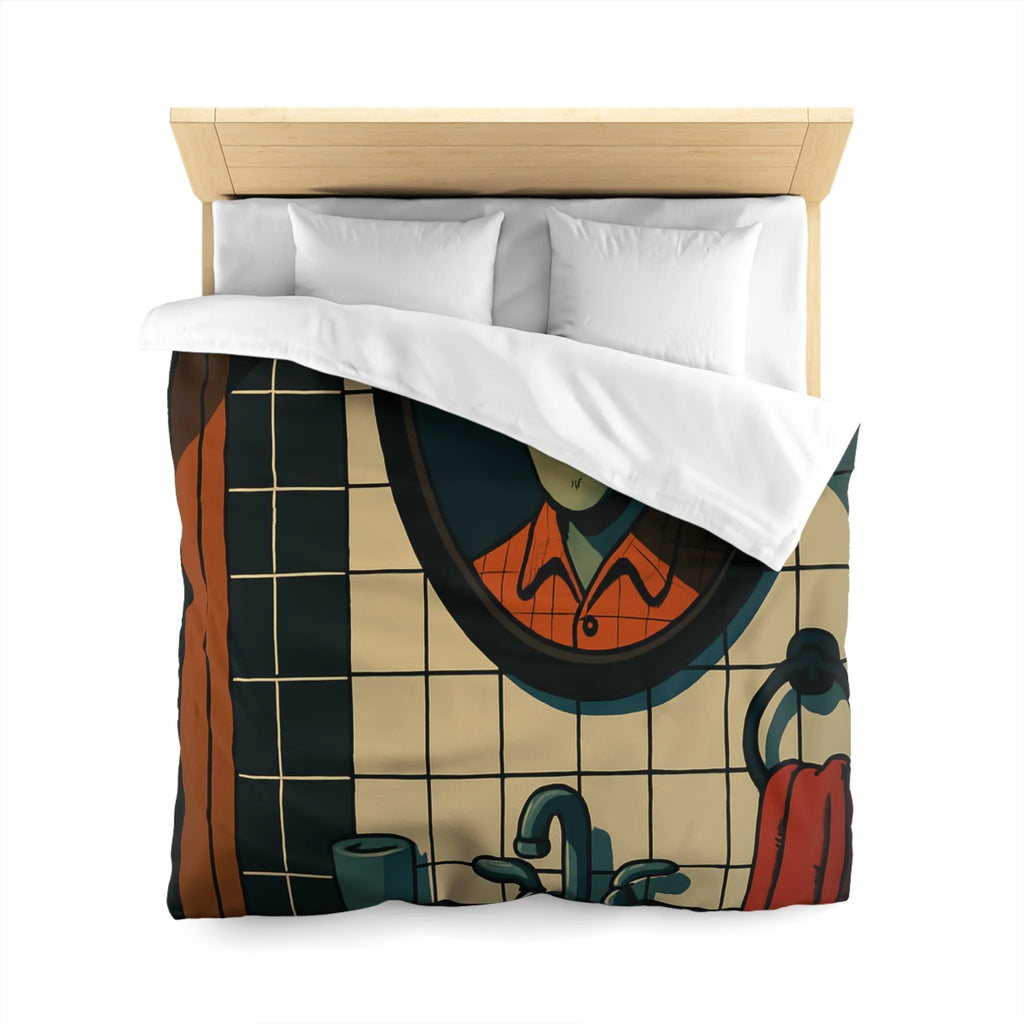 Housse de couette graphique avec dessin animé miroir effrayant et carreaux de salle de bain