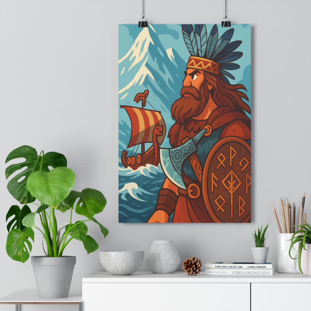 Poster décoratif guerrier viking cartoon épique bleu rouge aventure salon chambre dynamique mythe légende