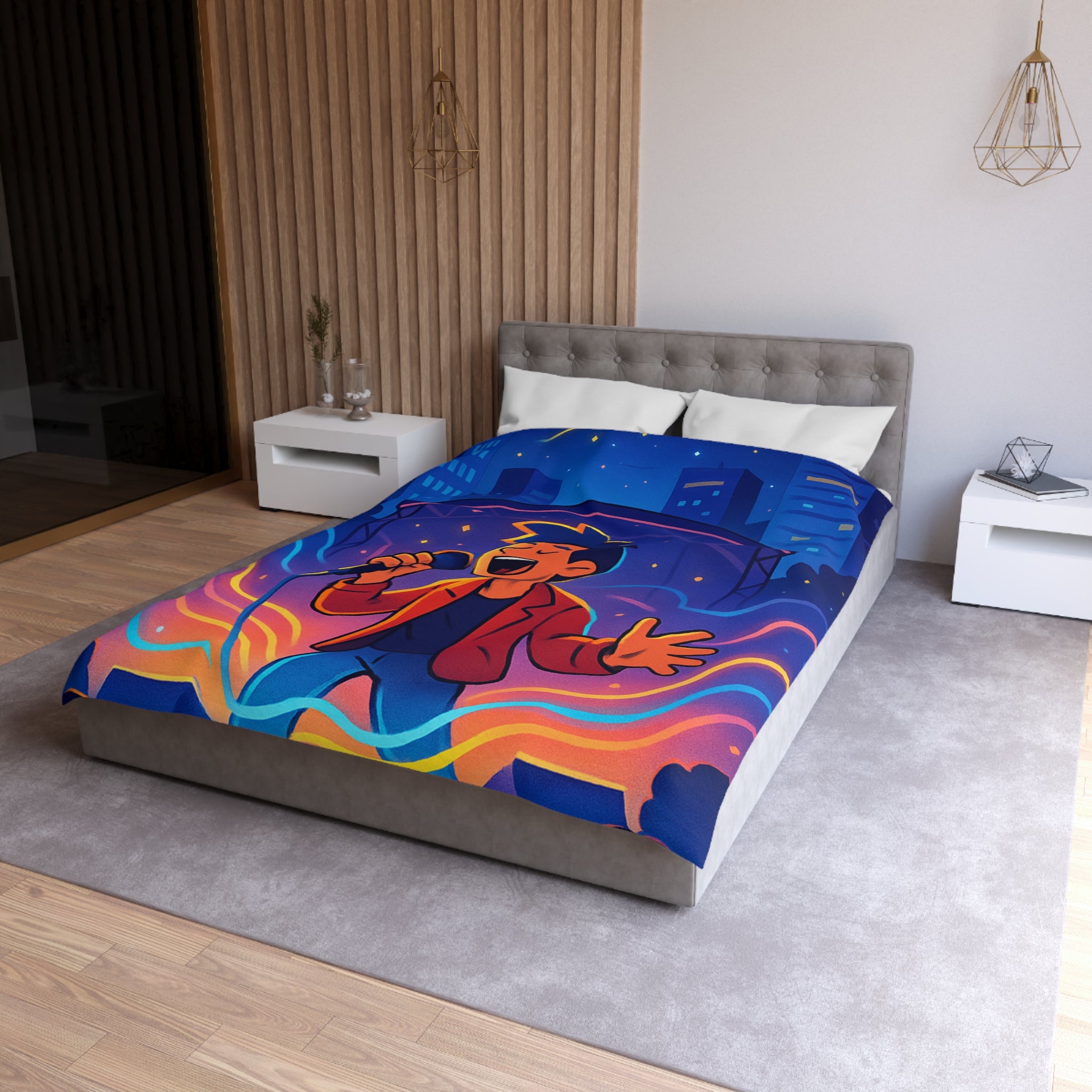 Housse de couette scène vibrante de concert nocturne avec chanteur et couleurs éclatantes