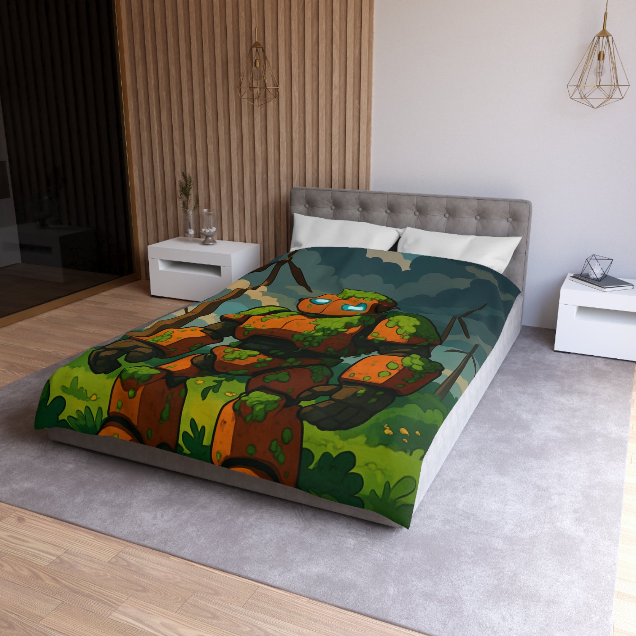 Housse de couette robot et éoliennes, motif nature et technologie, ambiance verte apaisante