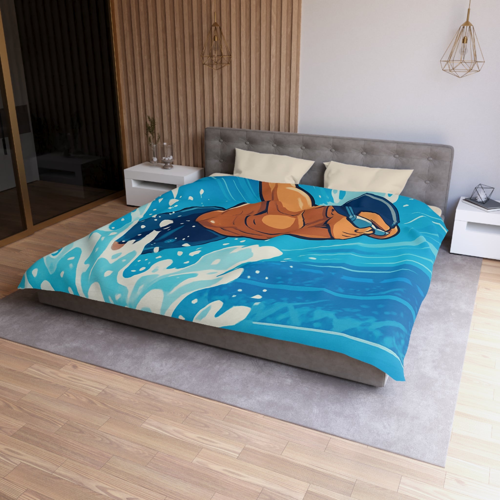 Housse de Couette Représentant Plongeur Dynamique dans Eau Bleutée avec Éclaboussures Énergiques