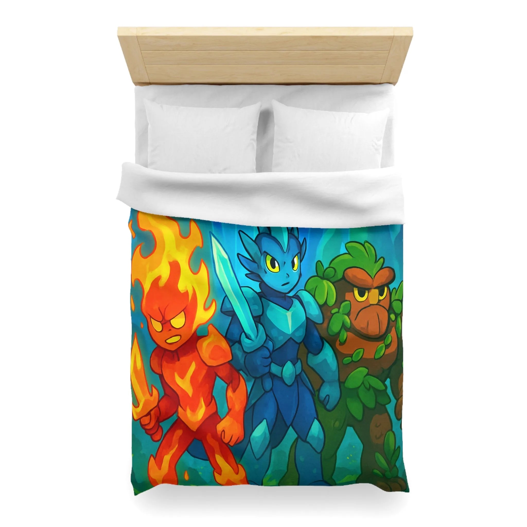 Housse de couette avec personnages élémentaires : feu, glace et terre, ambiance fantastique