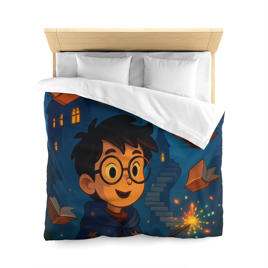 Housse de couette magique avec sorcier, hibou, château et livres enchantés étoiles