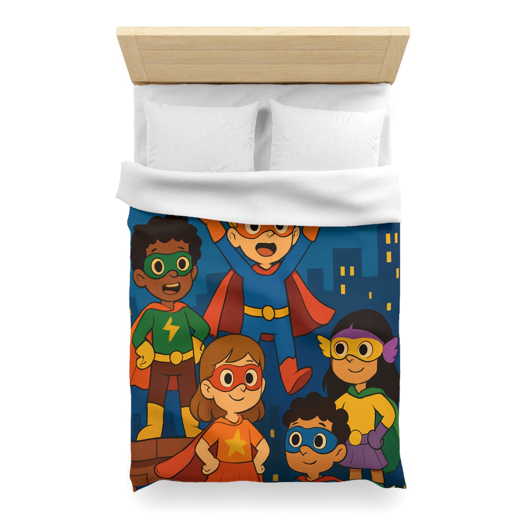 Super-héros Enfants Volant Nuit Ciel Étoilé Ville Amis Confiants Housse de Couette Colorée