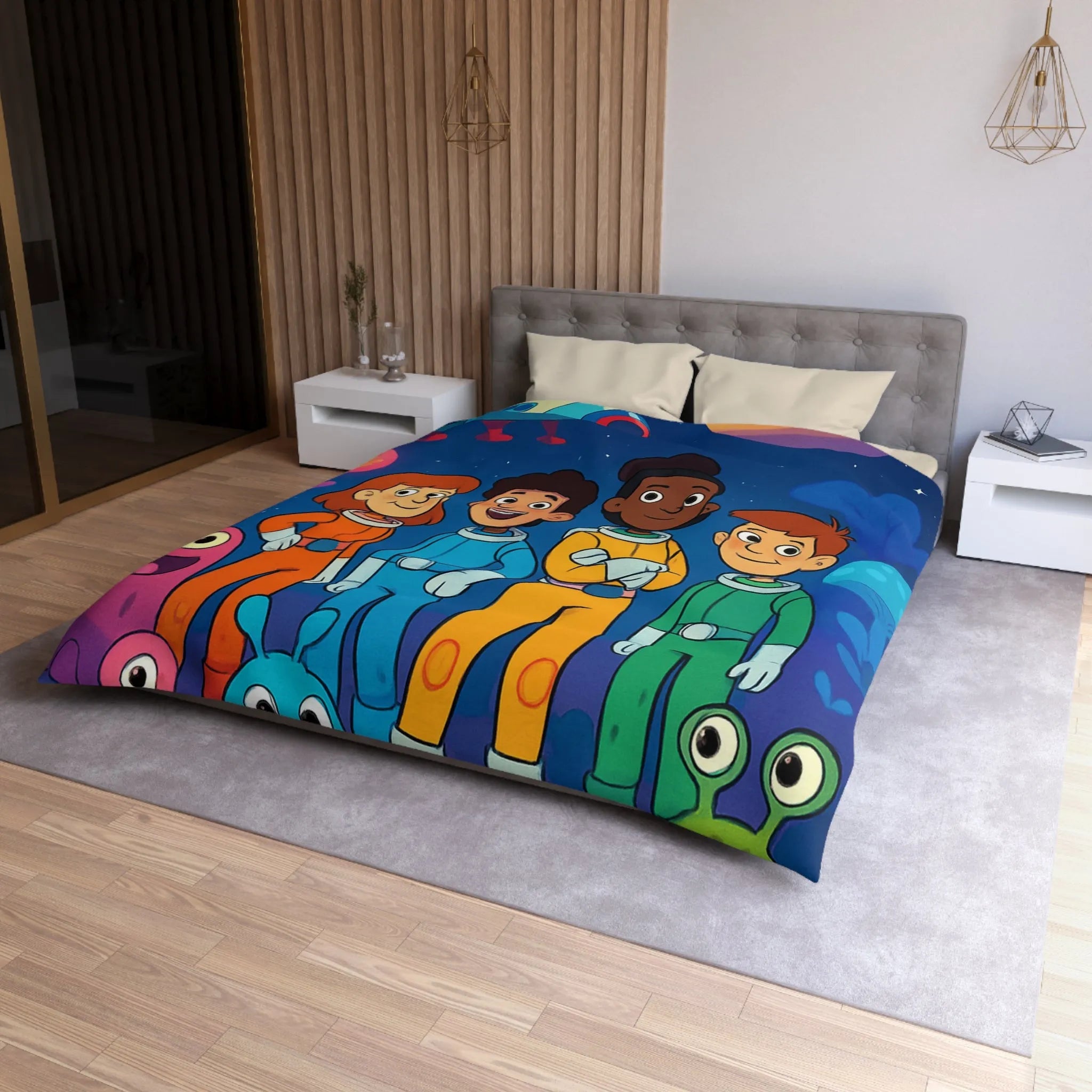 Housse de couette enfant astronaute avec planète, fusée et créatures extraterrestres colorées