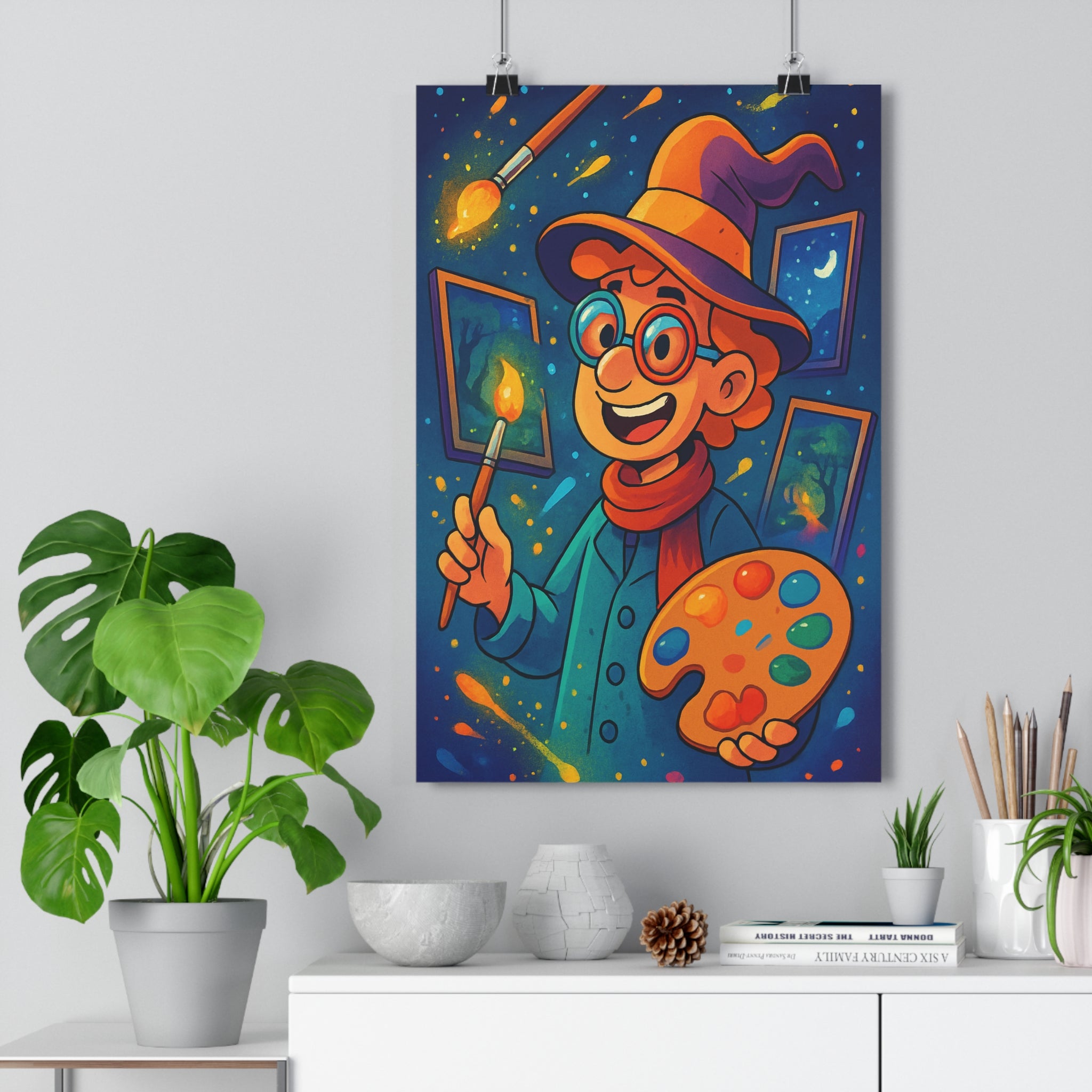 Poster décoratif enchanté lumineux joyeux artistique bleu orange jaune chambre enfant magique fantaisiste étoilé