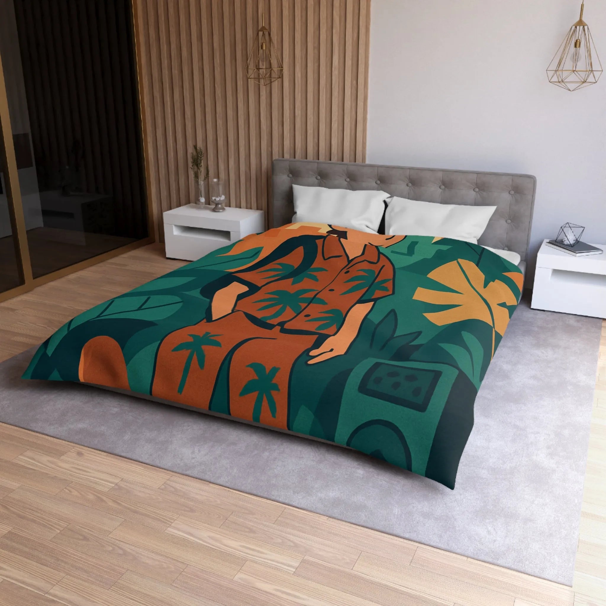 Housse de couette exotique ado, ambiance tropicale, skateboard et palmiers, style graphique coloré