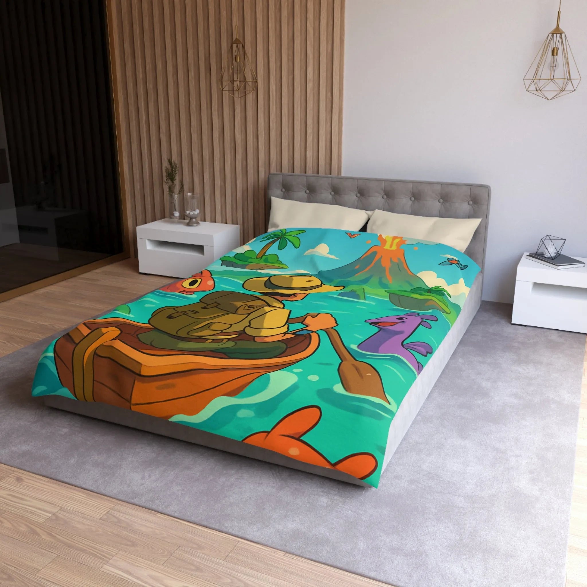 Housse de couette île volcanique exotique avec aventurier et créatures marines colorées