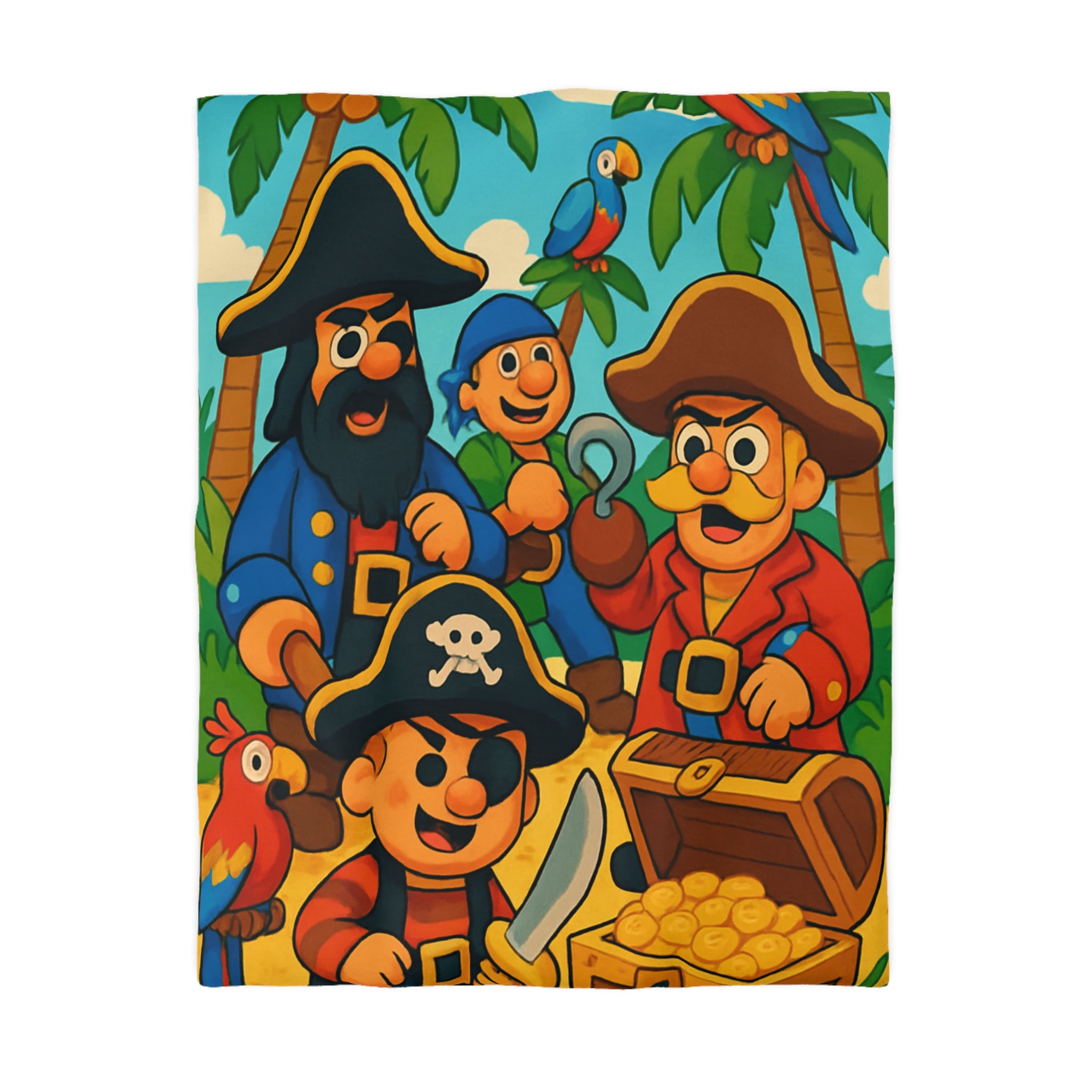 Housse de couette pirate colorée avec trésors, perroquets et personnages joyeux animés