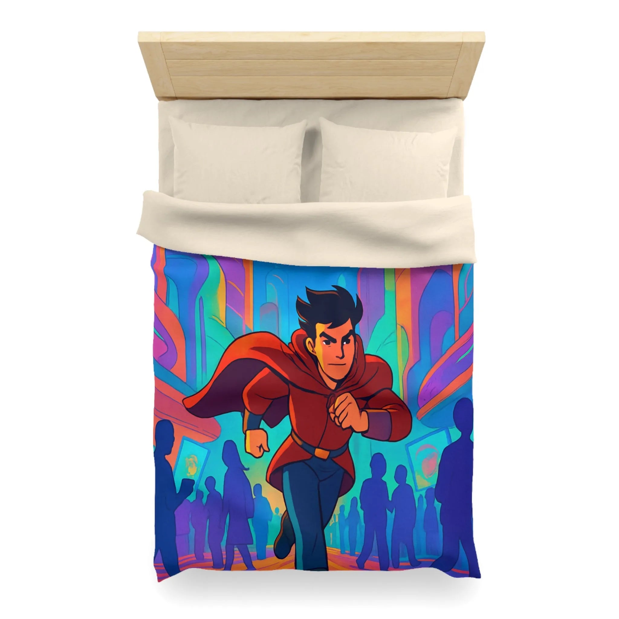 Housse de Couette avec Héros Futuriste Rouge Courant dans Ville Colorée et Dynamique