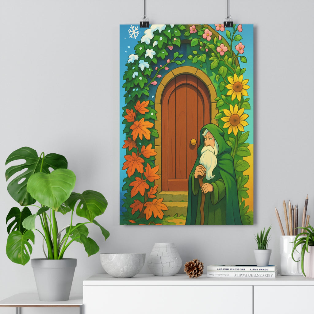 Poster décoratif cartoon vert orange mystique magique chambre salon enfant vibrant enchanteur saison couleurs
