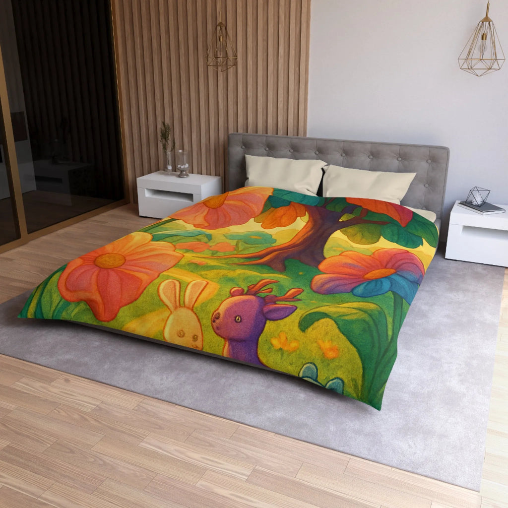 Housse de couette avec animaux mignons et fleurs colorées dans une forêt féerique