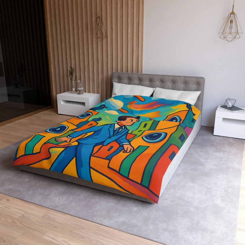 Housse de couette colorée avec homme stylisé marchant dans un paysage urbain coloré
