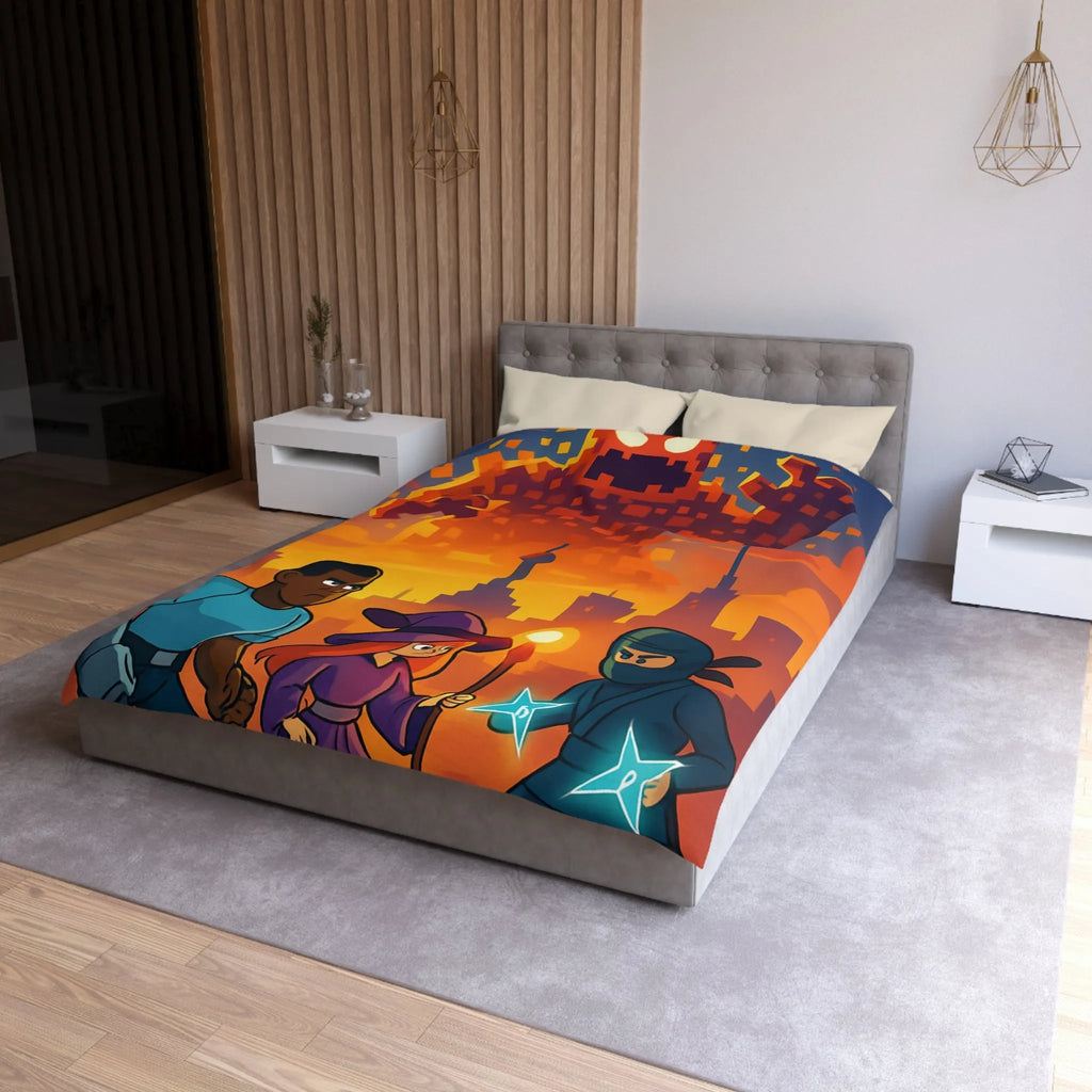 Housse de Couette Fantaisie : Héros Urbains Face à un Colosse Pixelisé Orange