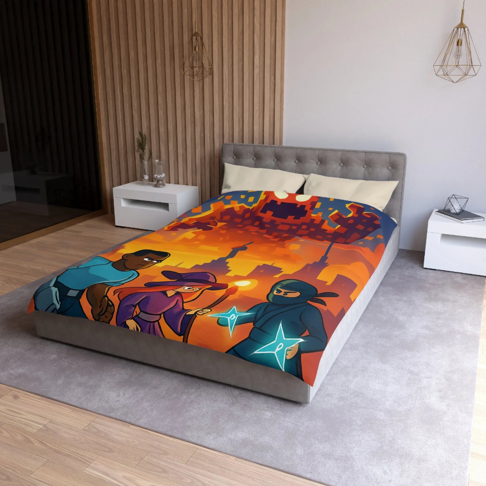 Housse de Couette Fantaisie : Héros Urbains Face à un Colosse Pixelisé Orange