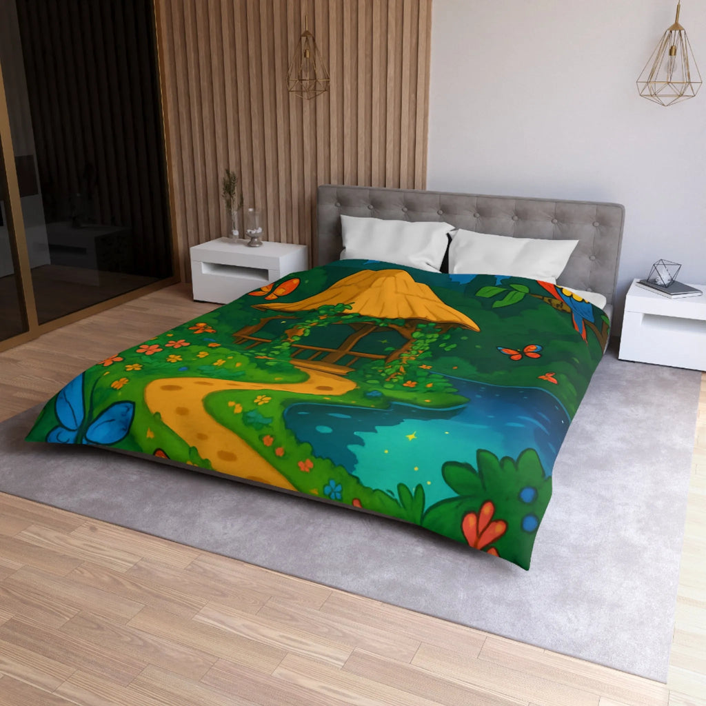 Housse de Couette Illustrée, Forêt Tropicale Nocturne avec Oiseaux et Papillons Colorés