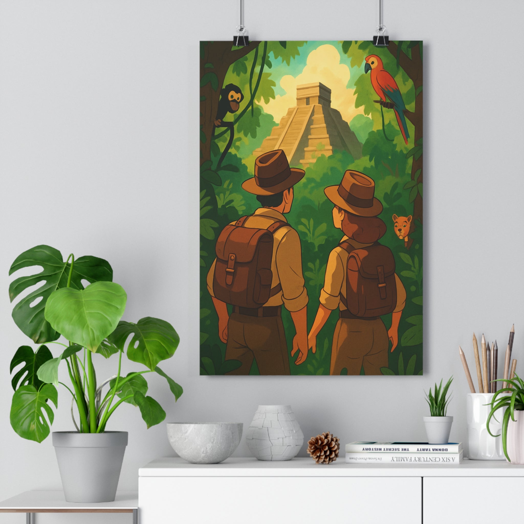 Poster décoratif aventure jungle vert marron cartoon vintage explorateur chambre bureau enfant excitant vibrant