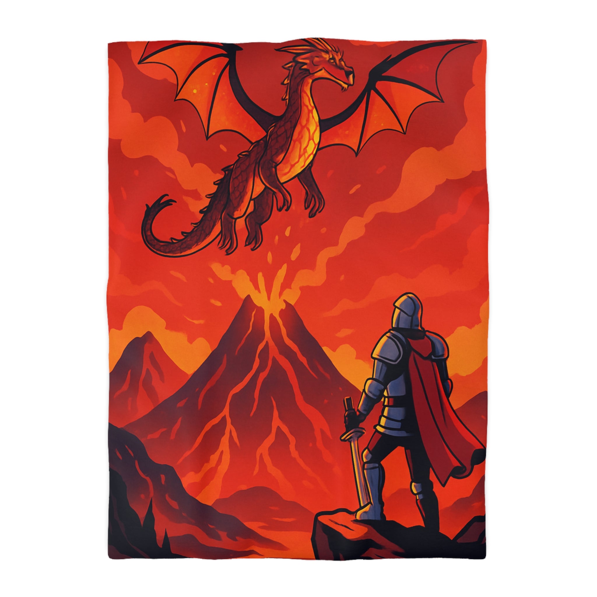Imposant dragon rouge volant sur volcan en fusion, chevalier en armure contemplatif