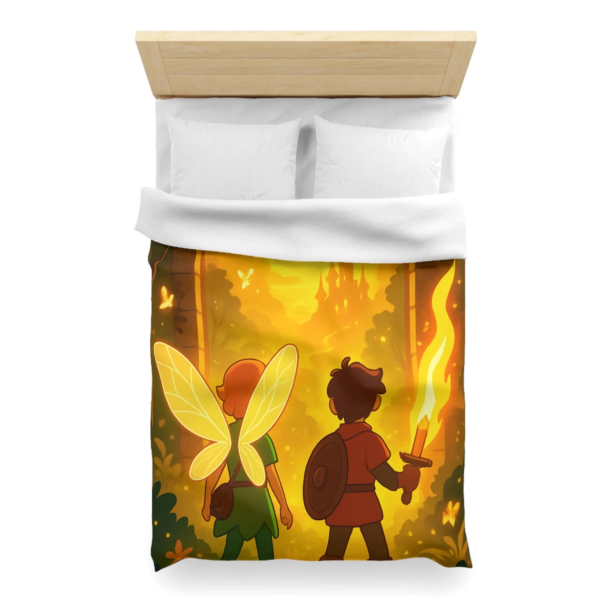 Housse de couette féerique avec fées et aventuriers dans une forêt enchantée magique