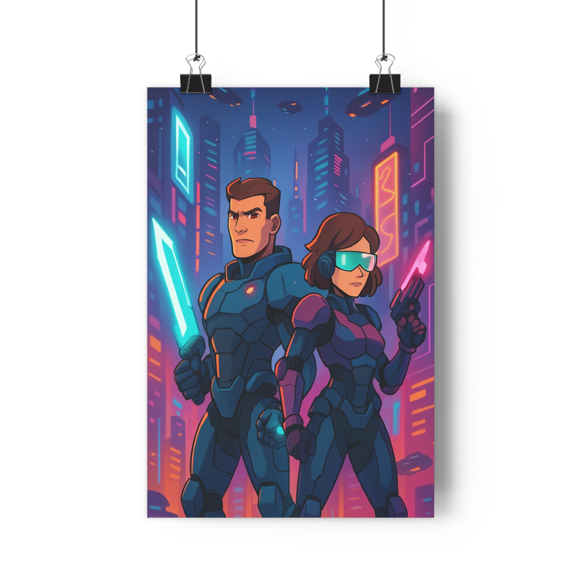 Poster décoratif cyberpunk futuriste néons guerriers aventure action épée laser ville style animé chambre