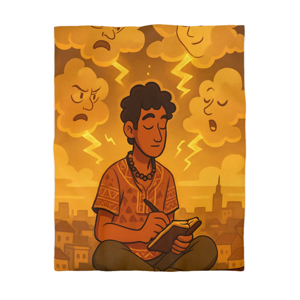 Housse de couette artistique avec motif méditatif, nuageux et expressions émotionnelles illustrées