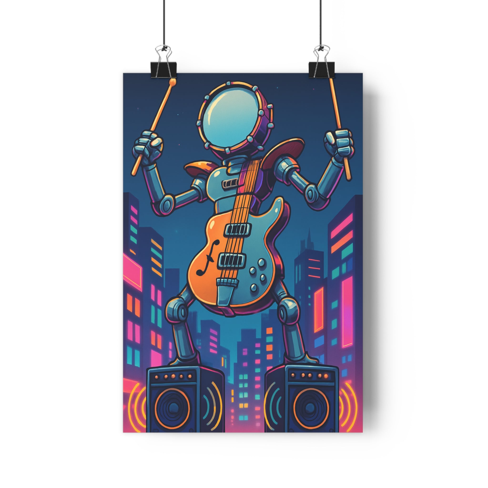 Poster décoratif robot cyberpunk couleurs métalliques vives moderne ambiance dynamique musique chambre salon qualité