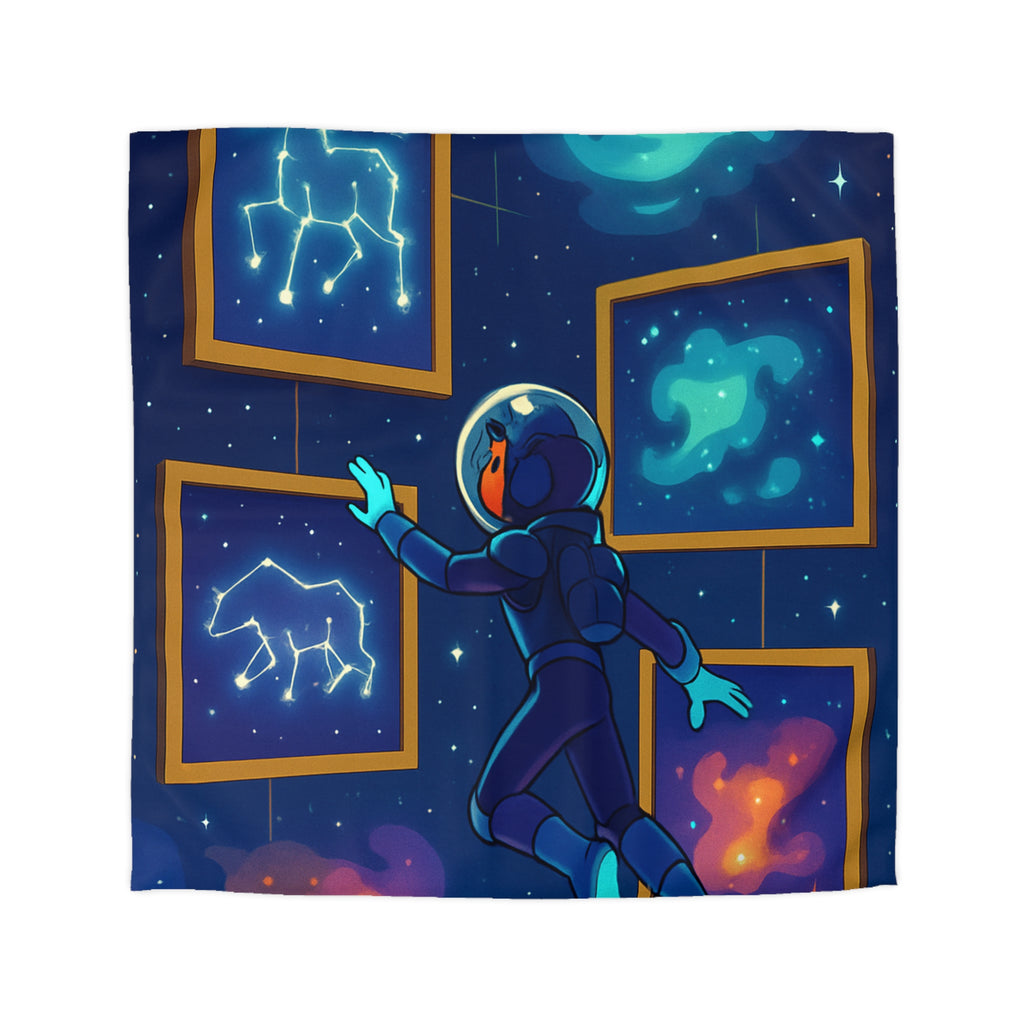 Housse de couette spatiale avec constellations lumineuses et astronaute explorant des galaxies mystérieuses