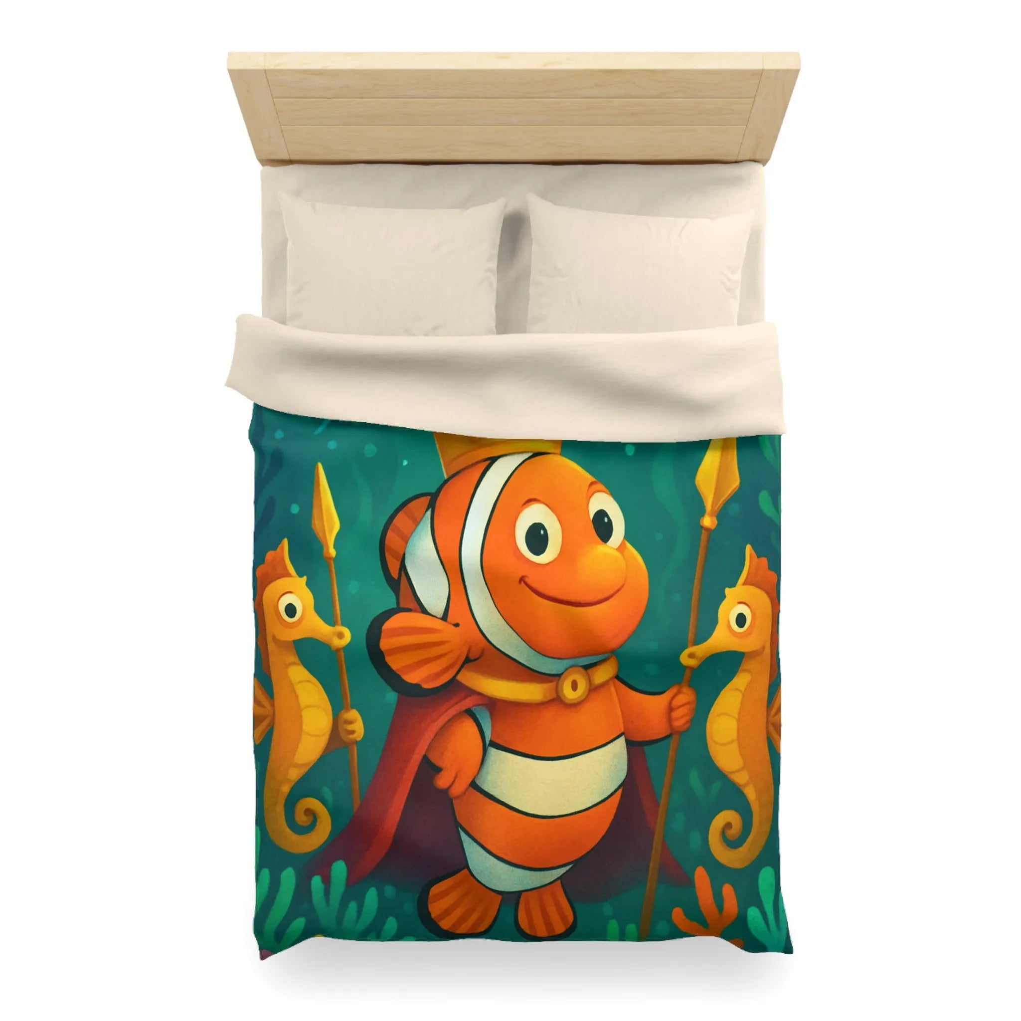 Housse de couette enfant joyeuse poisson clown roi et hippocampes joueurs aquatiques