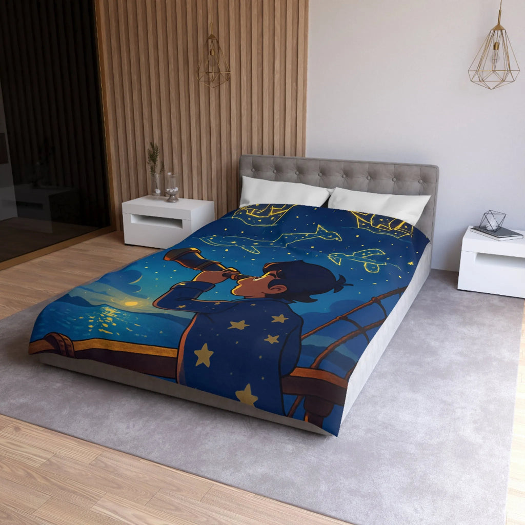 Housse de Couette Étoilée Enfant Rêveur Observant Constellations Célestes Bleu Nuit