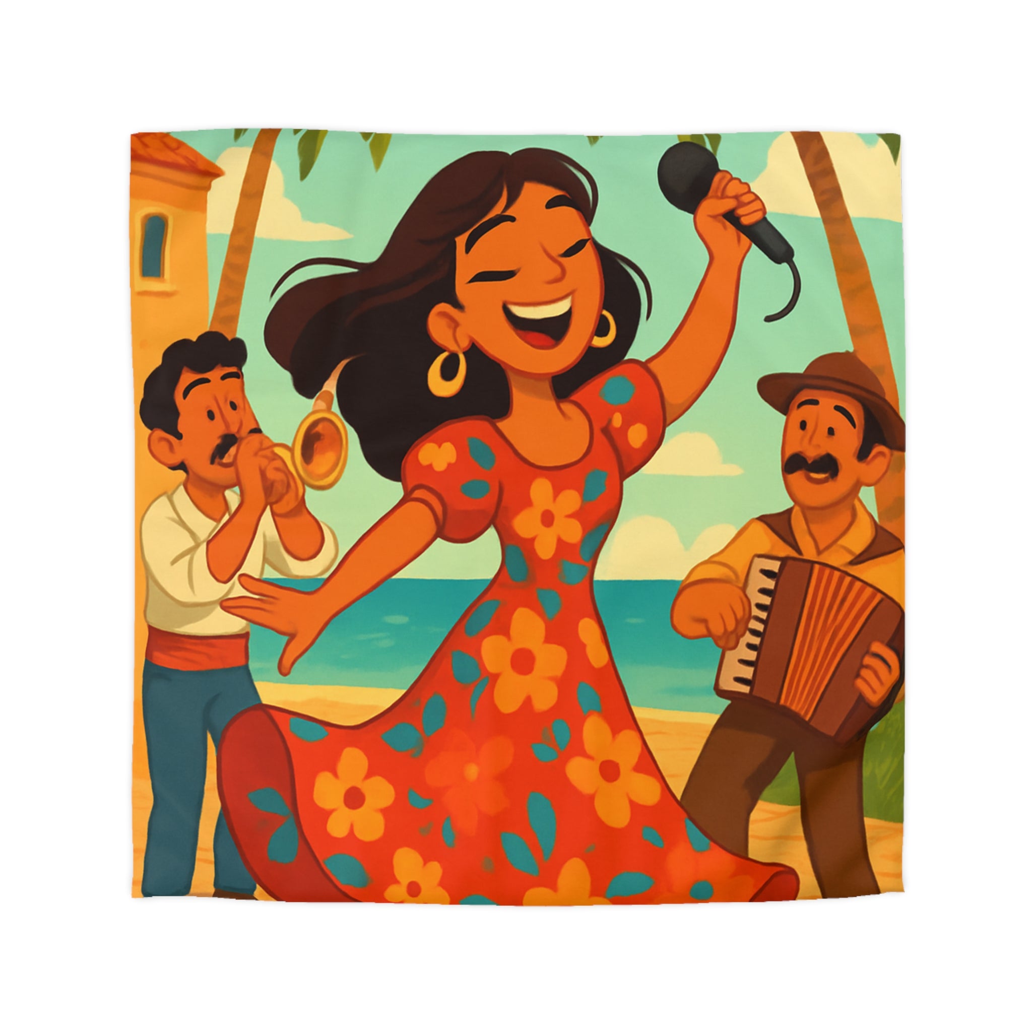 Housse de couette tropicale colorée avec danseuse et musiciens, ambiance joyeuse et festive